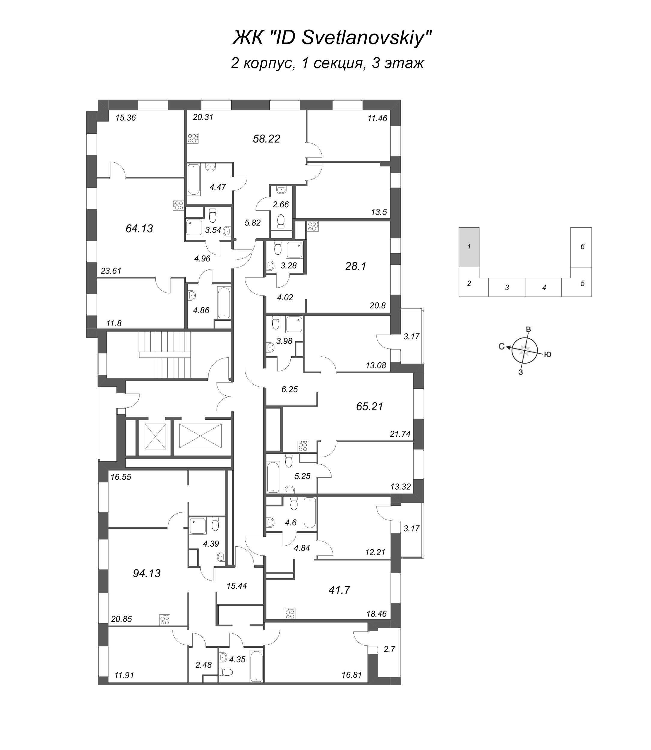3-комнатная (Евро) квартира, 65.21 м² - планировка этажа