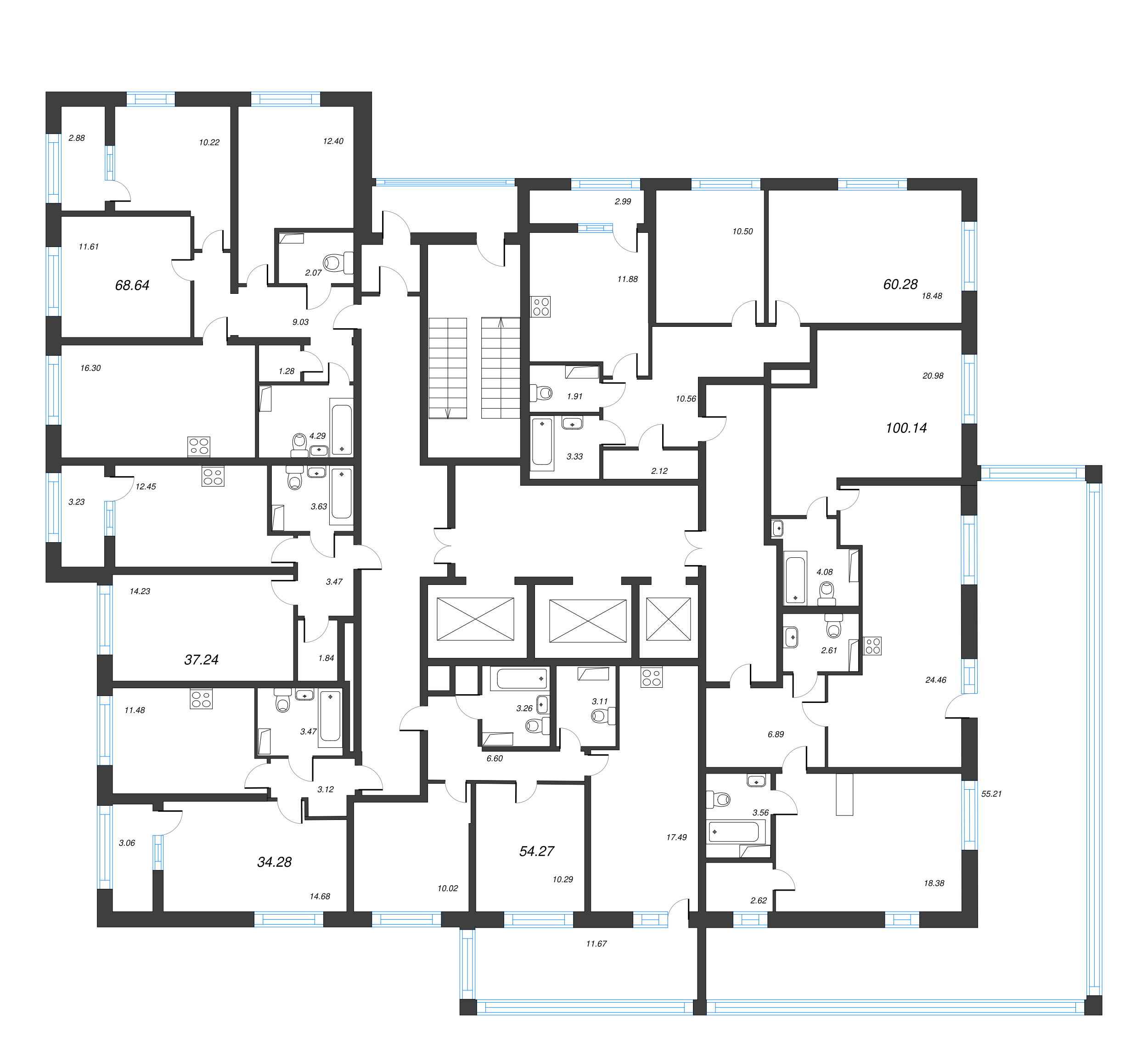 3-комнатная (Евро) квартира, 54.27 м² - планировка этажа