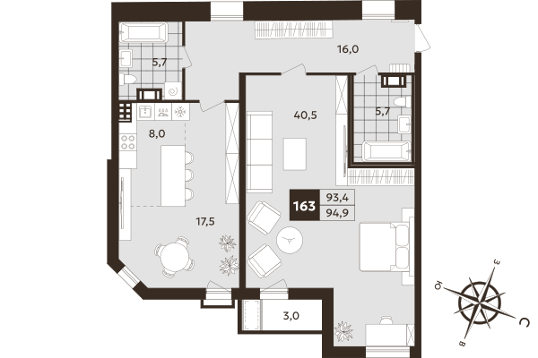 2-комнатная (Евро) квартира, 93.4 м² в ЖК "Дом на Бронницкой" - планировка, фото №1