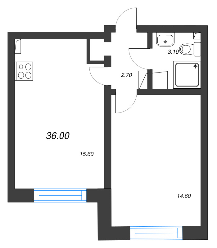 2-комнатная (Евро) квартира, 36 м² - планировка, фото №1