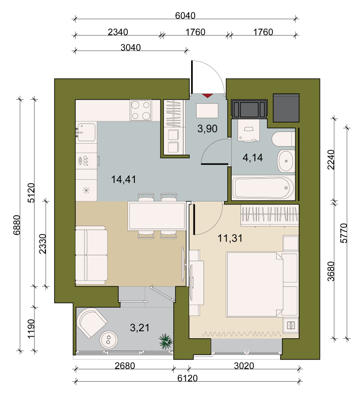 1-комнатная квартира, 34.97 м² в ЖК "Уютный" - планировка, фото №1