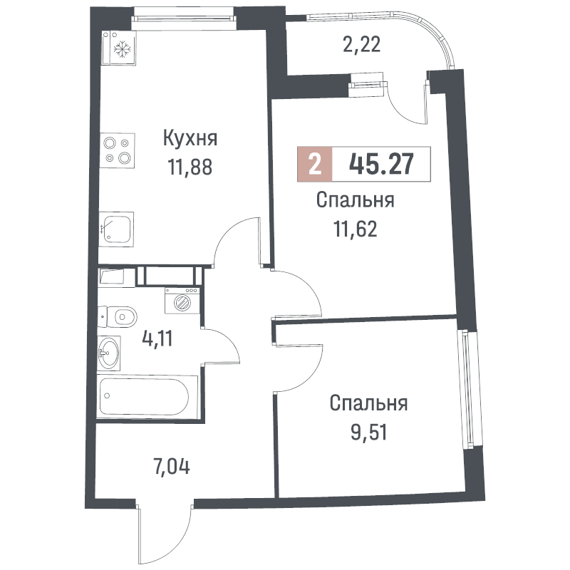 2-комнатная квартира, 45.27 м² - планировка, фото №1