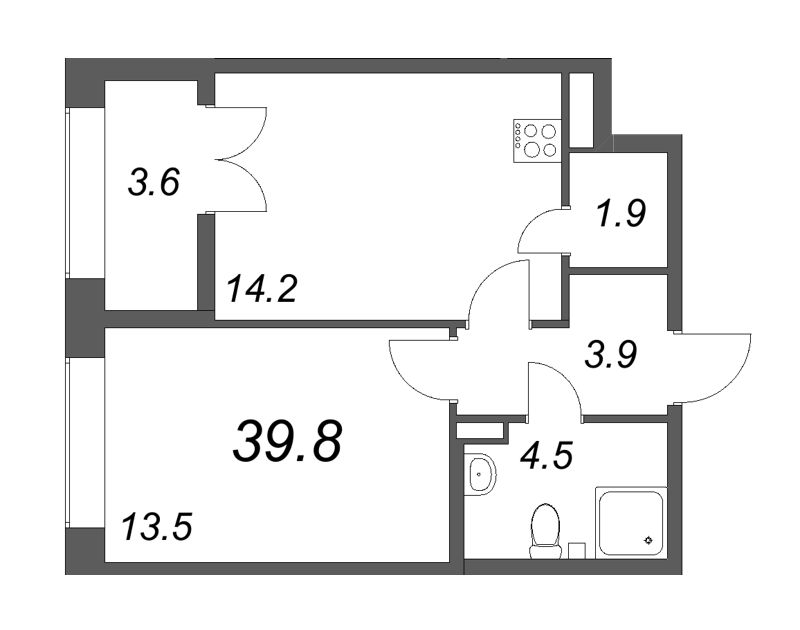 1-комнатная квартира, 39.8 м² - планировка, фото №1
