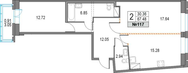 2-комнатная квартира, 67.48 м² - планировка, фото №1