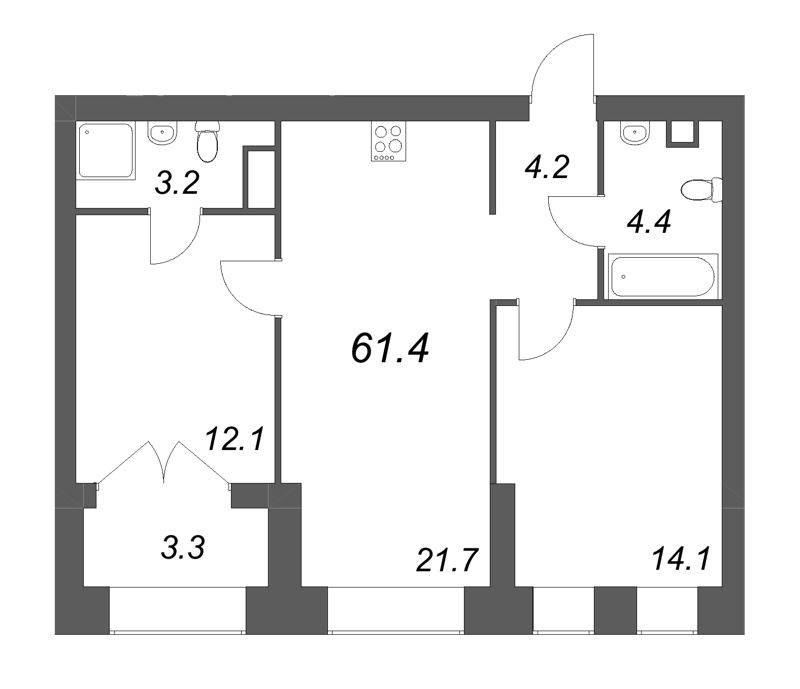 3-комнатная (Евро) квартира, 61.4 м² - планировка, фото №1