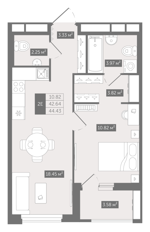 2-комнатная (Евро) квартира, 44.43 м² в ЖК "Квартал «Воронцовский»" - планировка, фото №1