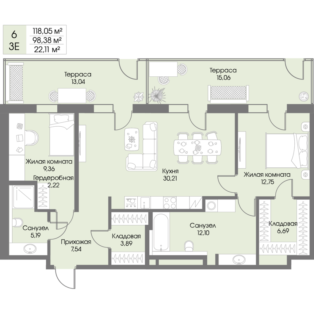 3-комнатная (Евро) квартира, 98.38 м² в ЖК "Рощино Residence" - планировка, фото №1