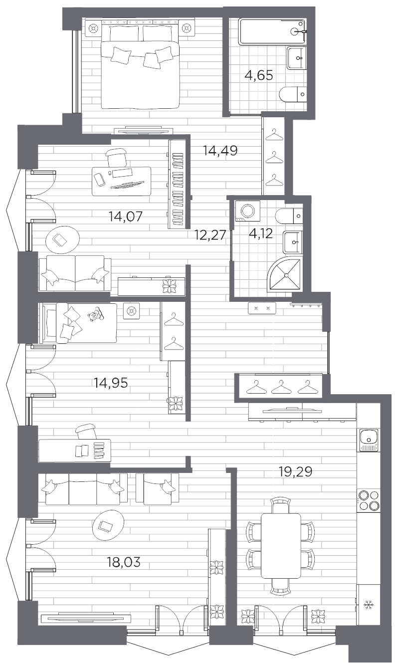5-комнатная (Евро) квартира, 101.87 м² в ЖК "Галерная гавань" - планировка, фото №1