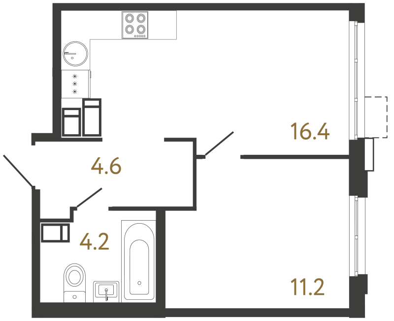 2-комнатная (Евро) квартира, 36.4 м² в ЖК "Струны" - планировка, фото №1