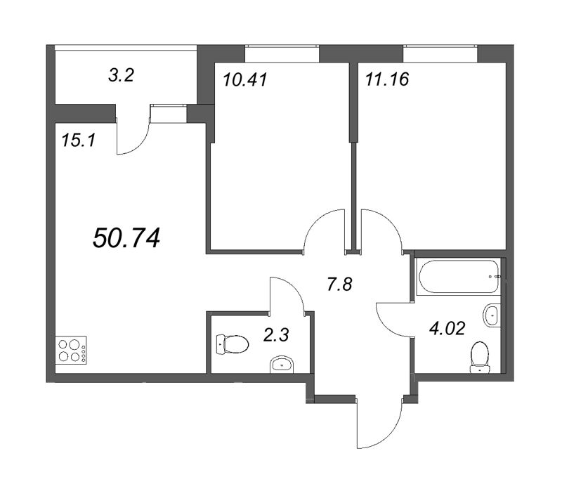 3-комнатная (Евро) квартира, 50.74 м² в ЖК "Новые горизонты" - планировка, фото №1