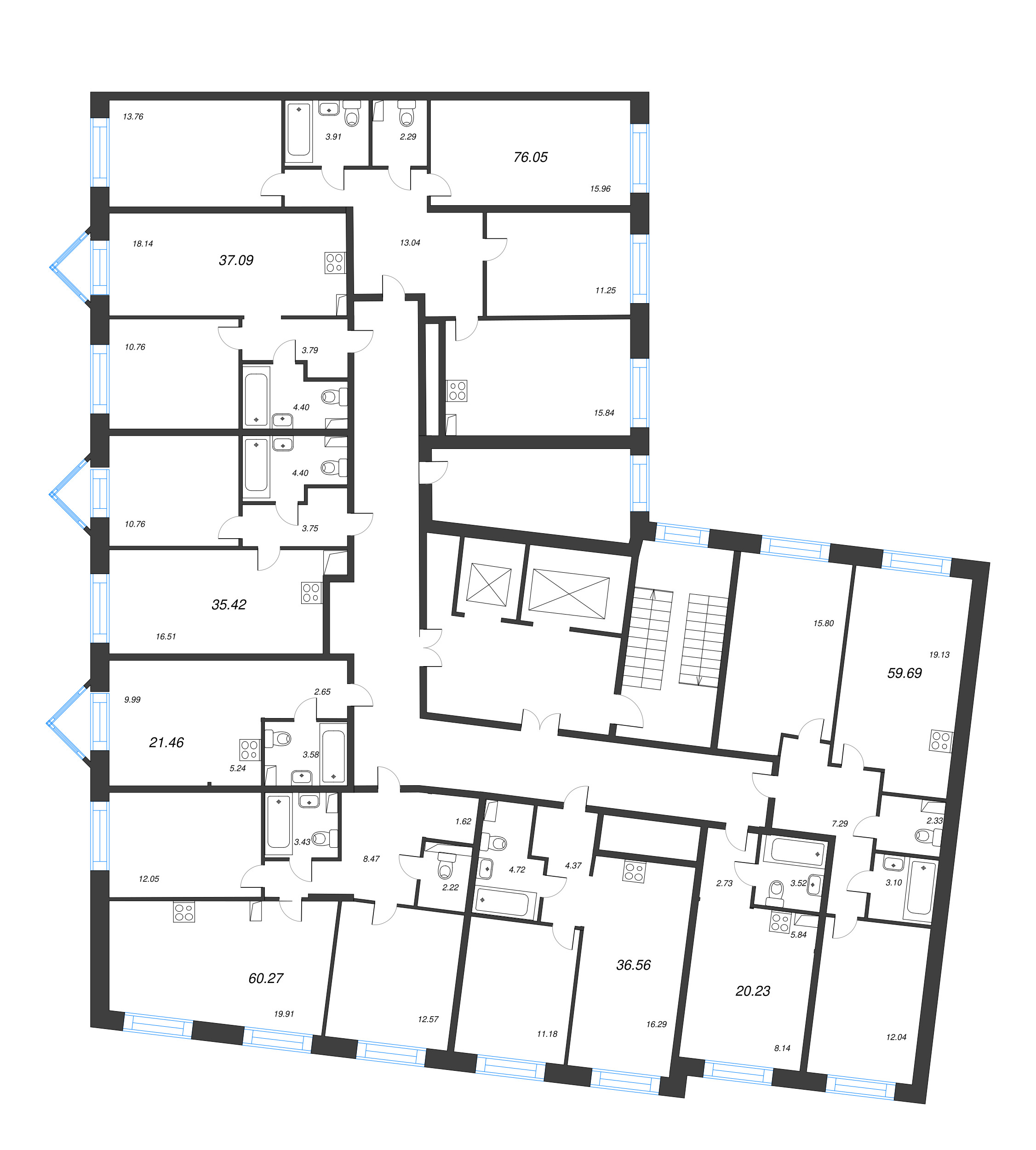 3-комнатная (Евро) квартира, 59.69 м² в ЖК "Остров Первых" - планировка этажа
