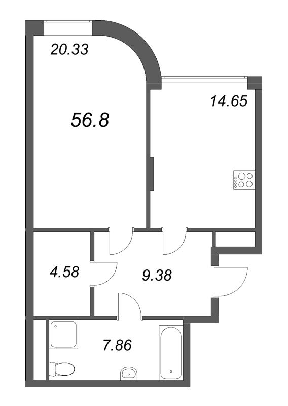 2-комнатная (Евро) квартира, 56.8 м² в ЖК "MONODOM-ART" - планировка, фото №1