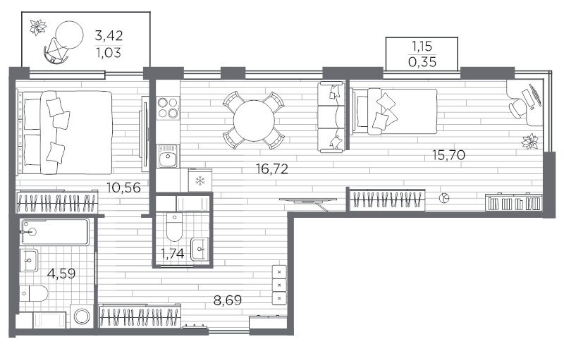 3-комнатная (Евро) квартира, 59.37 м² - планировка, фото №1