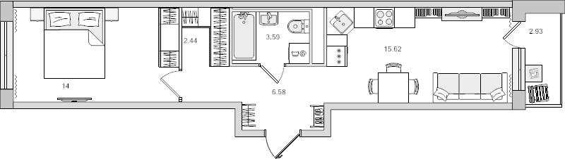 2-комнатная (Евро) квартира, 42.23 м² - планировка, фото №1