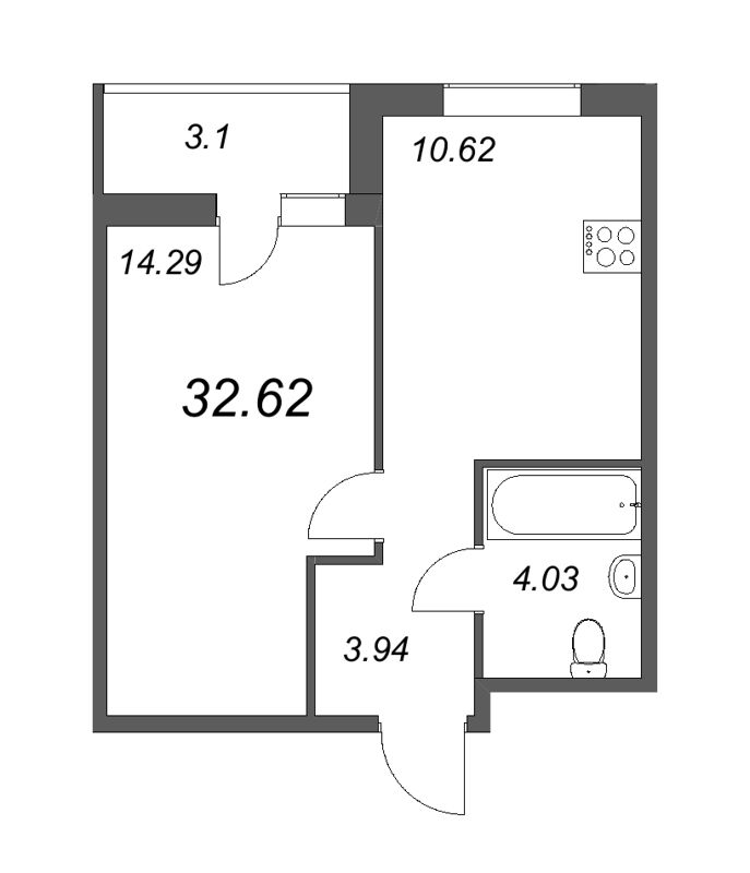 1-комнатная квартира, 32.62 м² в ЖК "Новые горизонты" - планировка, фото №1