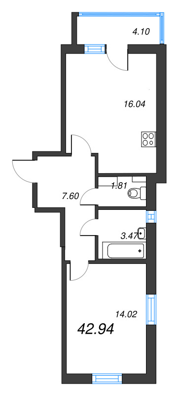 2-комнатная (Евро) квартира, 42.94 м² в ЖК "ПАТИО. Уютный квартал" - планировка, фото №1