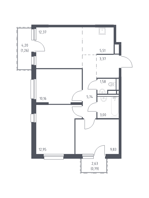 4-комнатная (Евро) квартира, 66.56 м² - планировка, фото №1