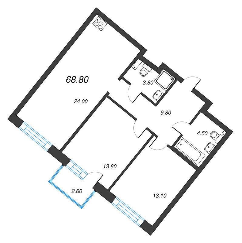 3-комнатная (Евро) квартира, 68.8 м² в ЖК "Цвет Зеленогорска" - планировка, фото №1