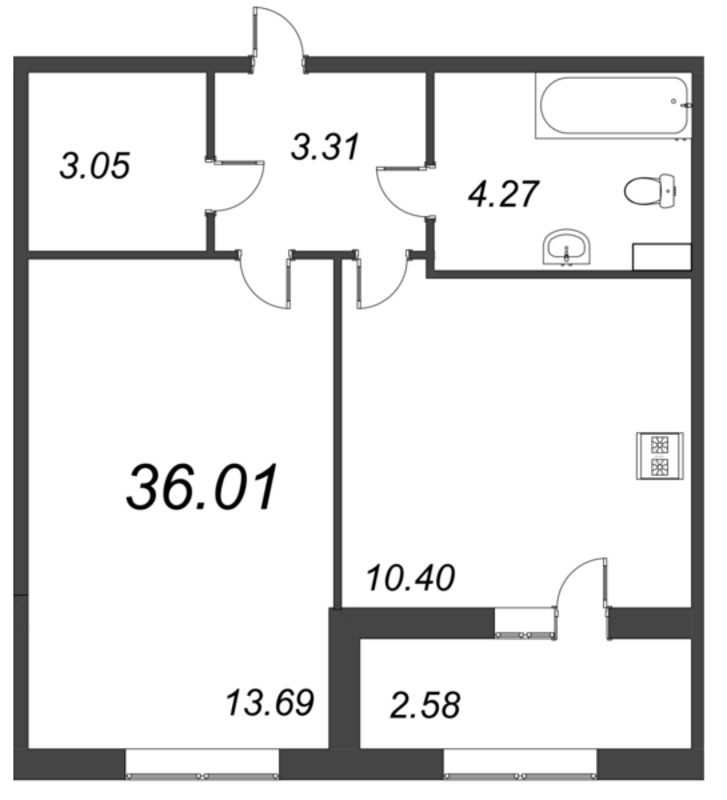 1-комнатная квартира, 35.76 м² - планировка, фото №1