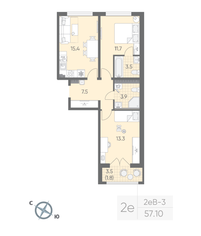 3-комнатная (Евро) квартира, 57.1 м² в ЖК "Пулково Lake" - планировка, фото №1