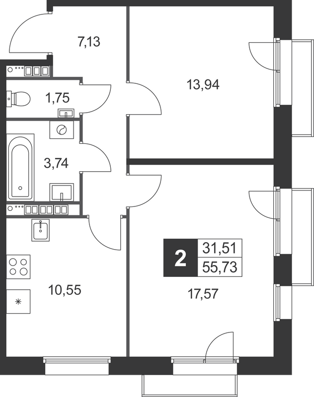 2-комнатная квартира, 55.73 м² в ЖК "Слобода" - планировка, фото №1