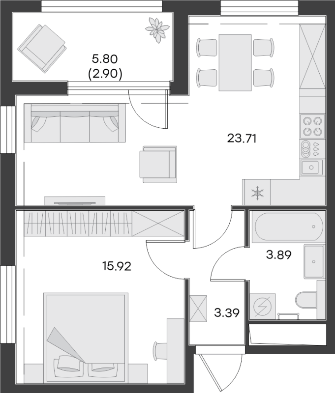 1-комнатная квартира, 49.81 м² - планировка, фото №1