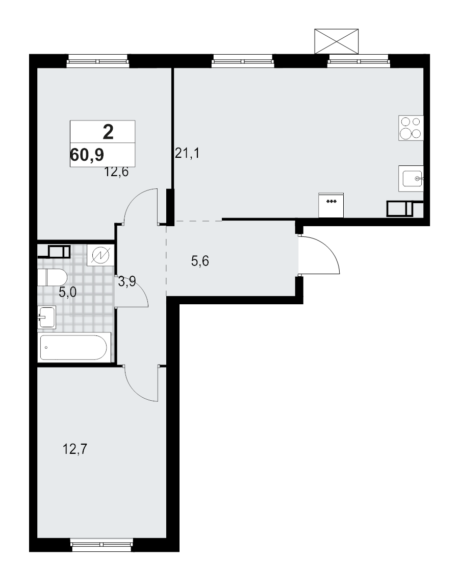 3-комнатная (Евро) квартира, 60.92 м² в ЖК "А101 Лаголово" - планировка, фото №1