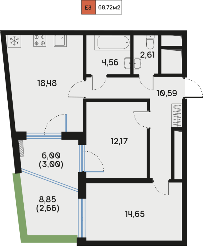 3-комнатная (Евро) квартира, 68.72 м² в ЖК "Дом Регенбоген" - планировка, фото №1