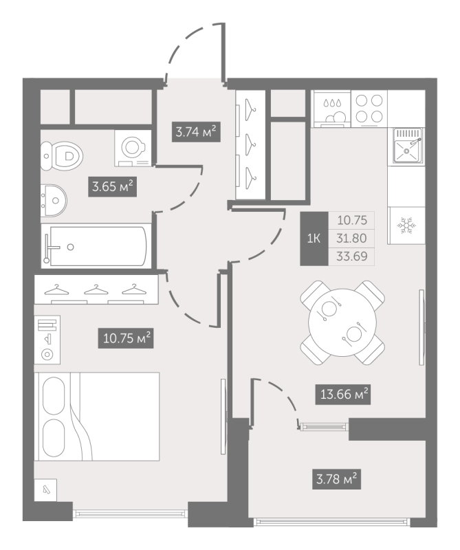 1-комнатная квартира, 33.69 м² в ЖК "UP-квартал Новый Московский" - планировка, фото №1