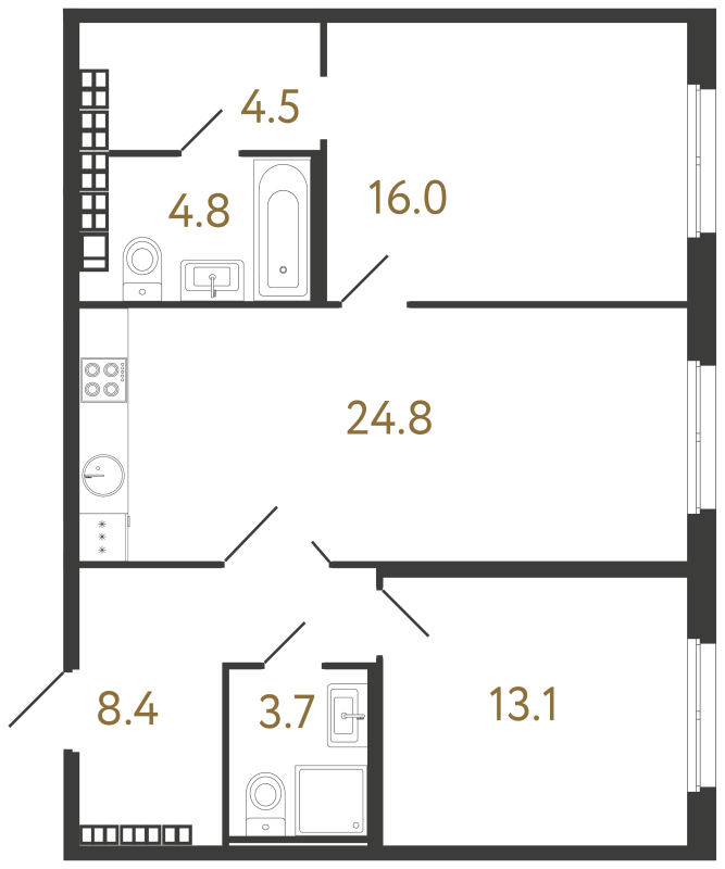 3-комнатная (Евро) квартира, 75.3 м² в ЖК "Визионер" - планировка, фото №1