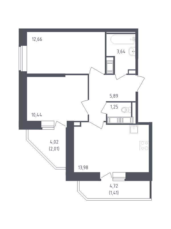 2-комнатная квартира, 51.28 м² - планировка, фото №1