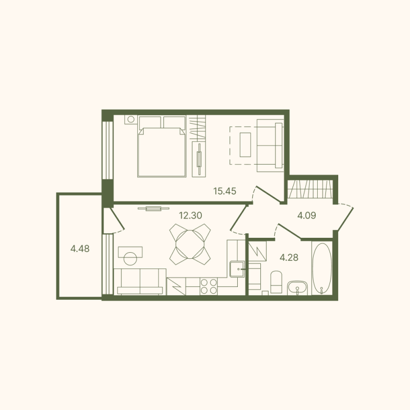 1-комнатная квартира, 37.46 м² в ЖК "Рауни" - планировка, фото №1