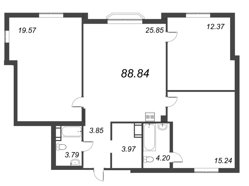 4-комнатная (Евро) квартира, 88.84 м² - планировка, фото №1