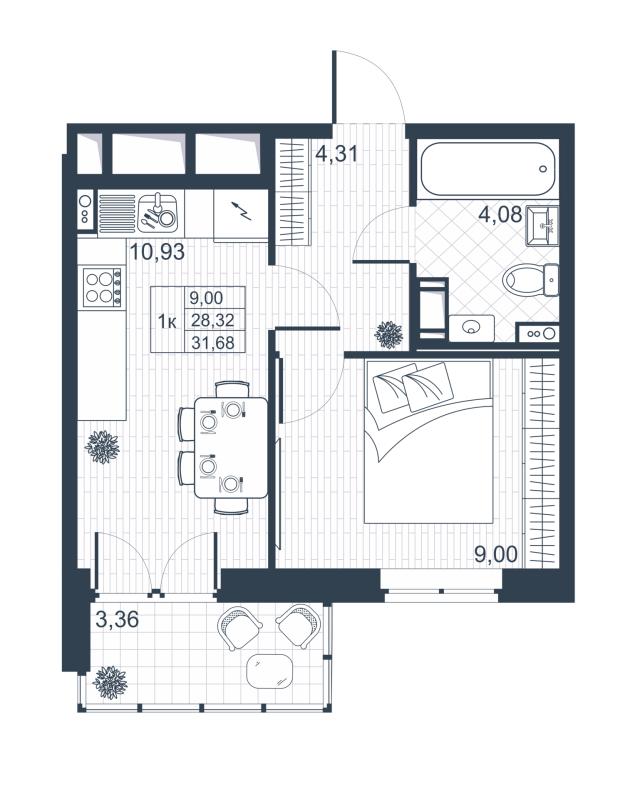 1-комнатная квартира, 30 м² - планировка, фото №1