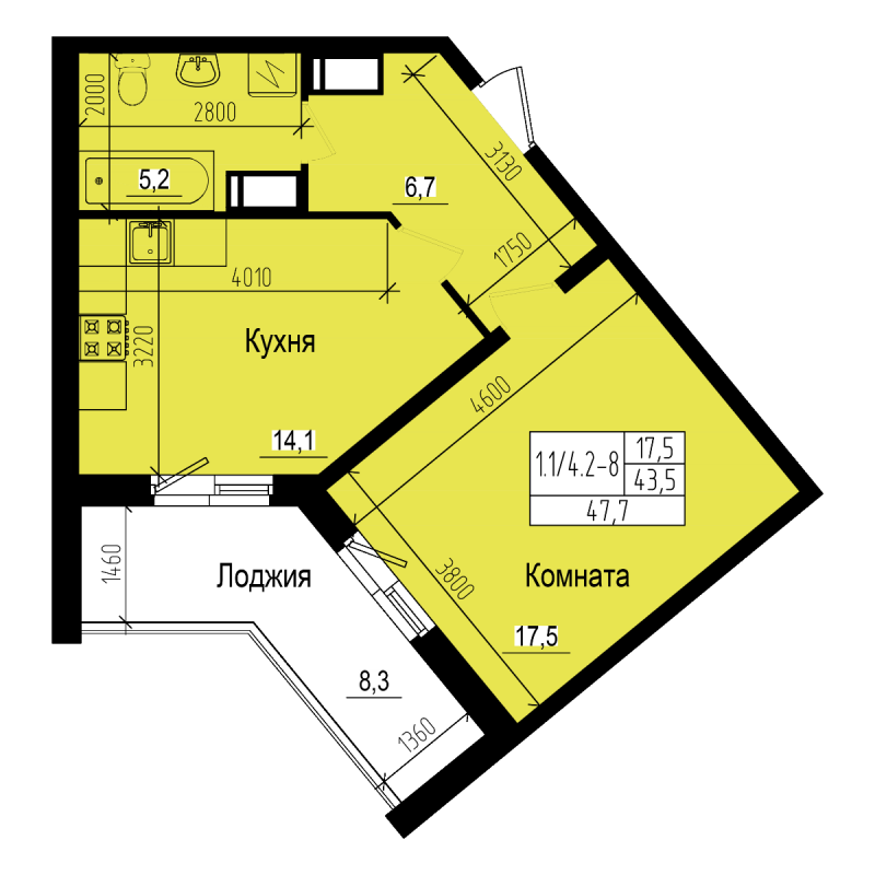 1-комнатная квартира, 47.7 м² - планировка, фото №1