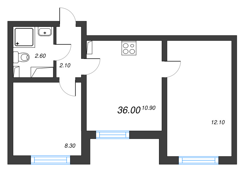2-комнатная квартира, 36 м² в ЖК "Цветной город" - планировка, фото №1