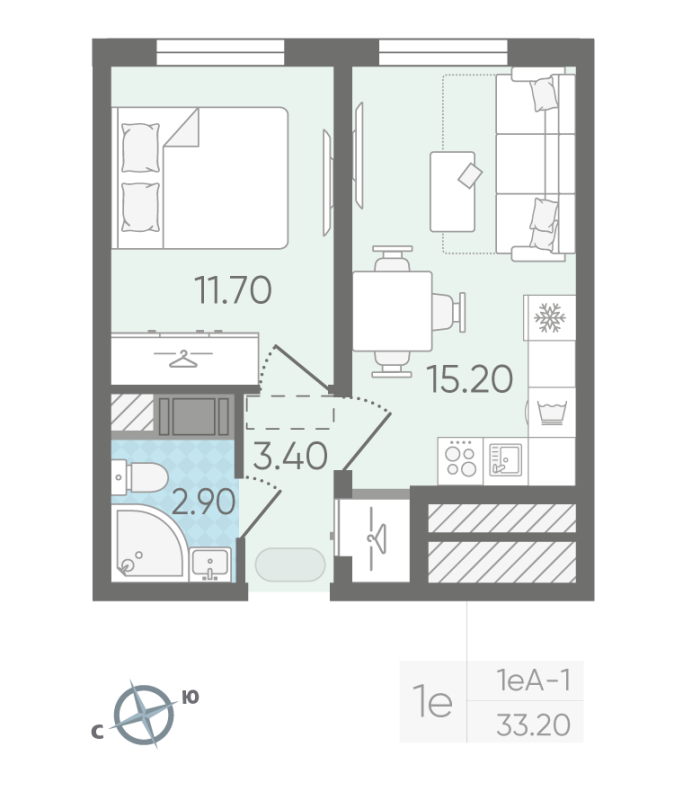 2-комнатная (Евро) квартира, 33.4 м² в ЖК "Октябрьская набережная" - планировка, фото №1