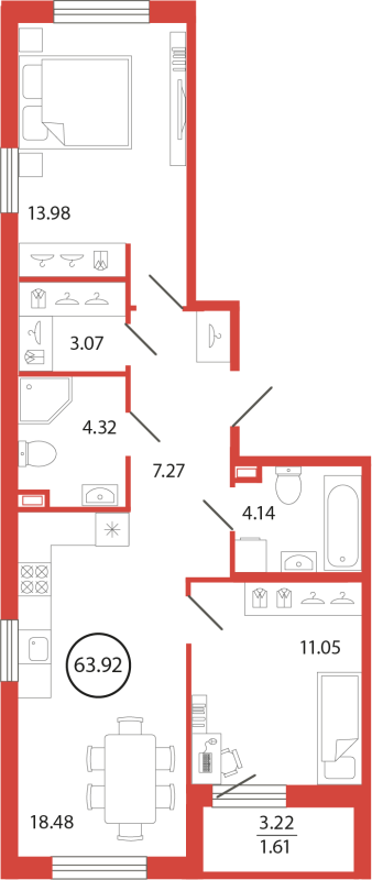 3-комнатная (Евро) квартира, 63.92 м² в ЖК "Энфилд" - планировка, фото №1