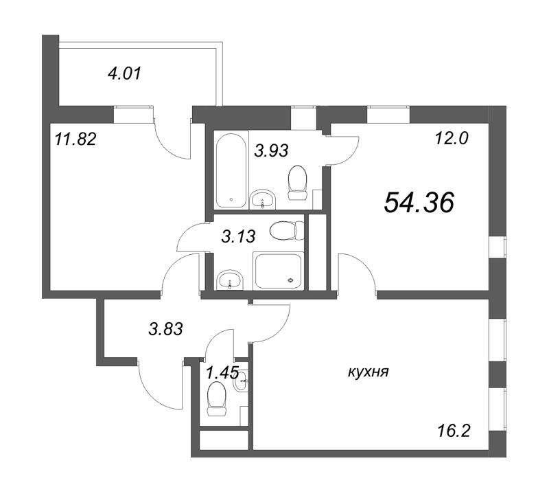 3-комнатная (Евро) квартира, 54.36 м² в ЖК "AEROCITY Club" - планировка, фото №1