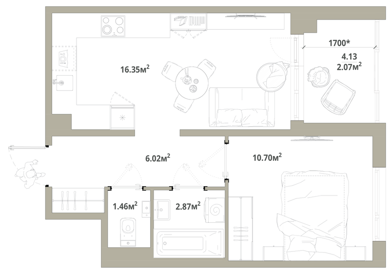 2-комнатная (Евро) квартира, 39.47 м² в ЖК "Тишин" - планировка, фото №1
