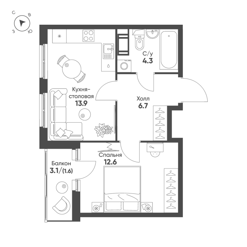 1-комнатная квартира, 39.1 м² - планировка, фото №1