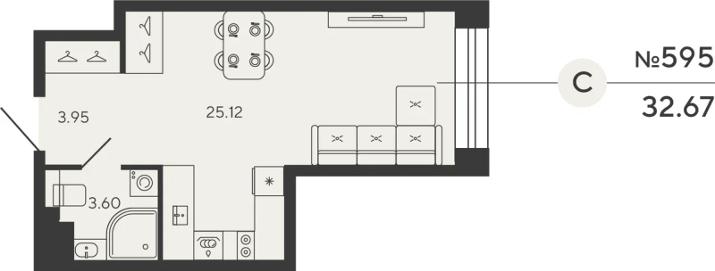 Квартира-студия, 32.67 м² в ЖК "Bashni Element" - планировка, фото №1