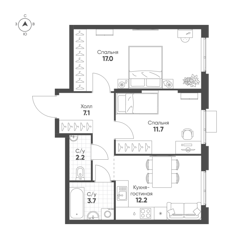 2-комнатная квартира, 53.9 м² в ЖК "Ягодное Река Парк" - планировка, фото №1