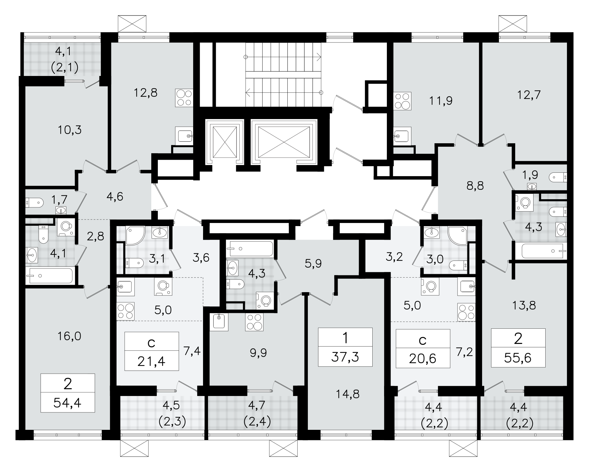 2-комнатная квартира, 54.3 м² - планировка этажа