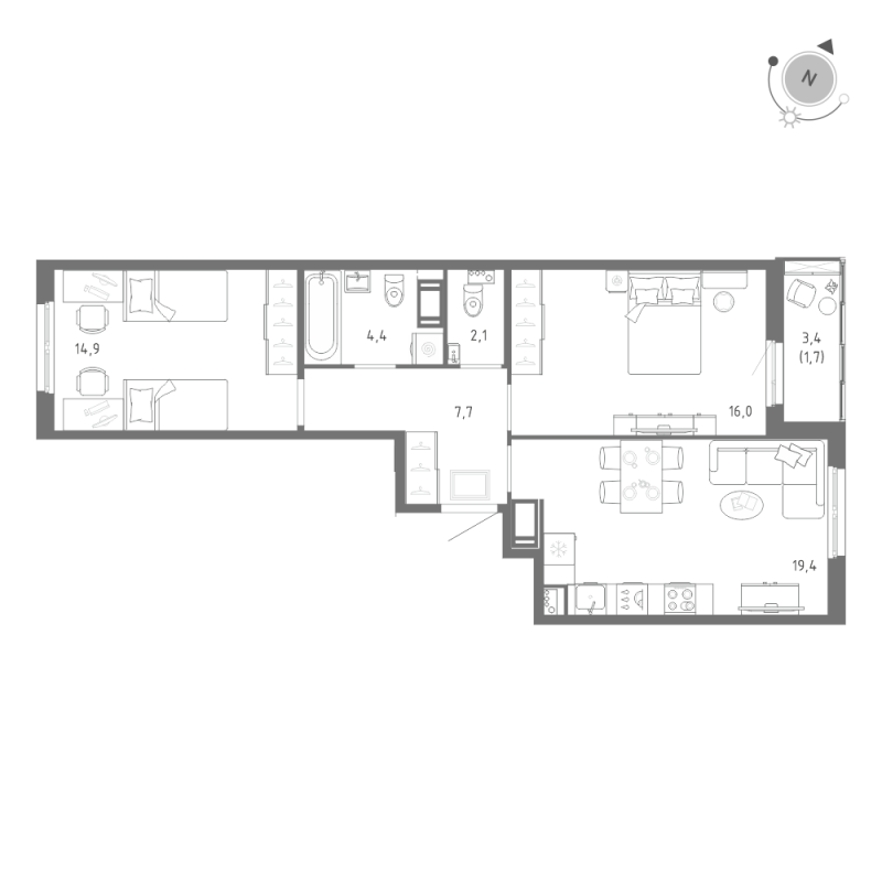 3-комнатная (Евро) квартира, 66.2 м² в ЖК "Клюква.Парк" - планировка, фото №1