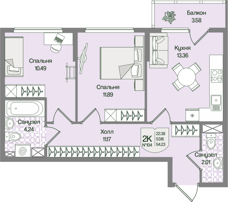 2-комнатная квартира, 54.23 м² в ЖК "Охтинские высоты" - планировка, фото №1