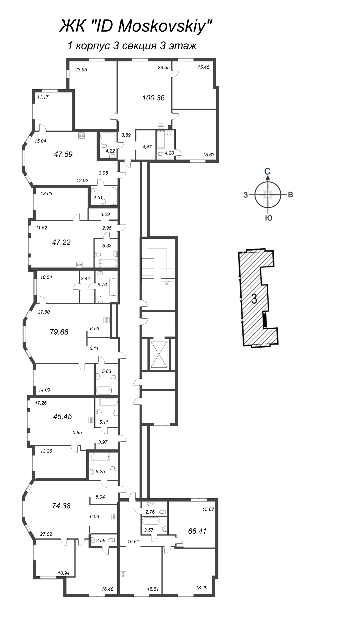 3-комнатная (Евро) квартира, 74.38 м² - планировка этажа