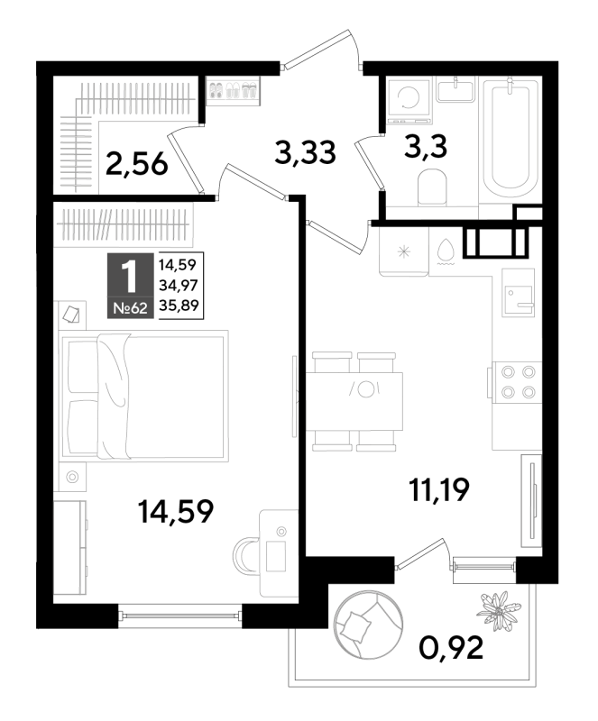 1-комнатная квартира, 35.26 м² в ЖК "Догма Юкки" - планировка, фото №1