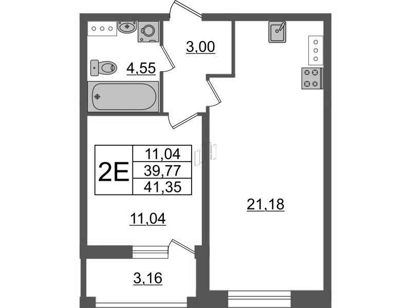 2-комнатная (Евро) квартира, 41.35 м² - планировка, фото №1