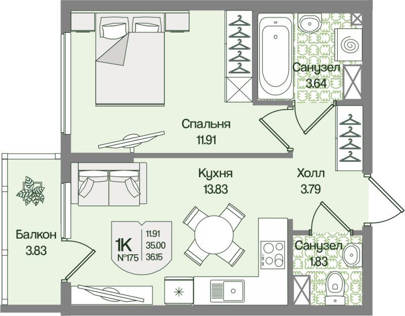 1-комнатная квартира, 36.14 м² в ЖК "Охтинские высоты" - планировка, фото №1